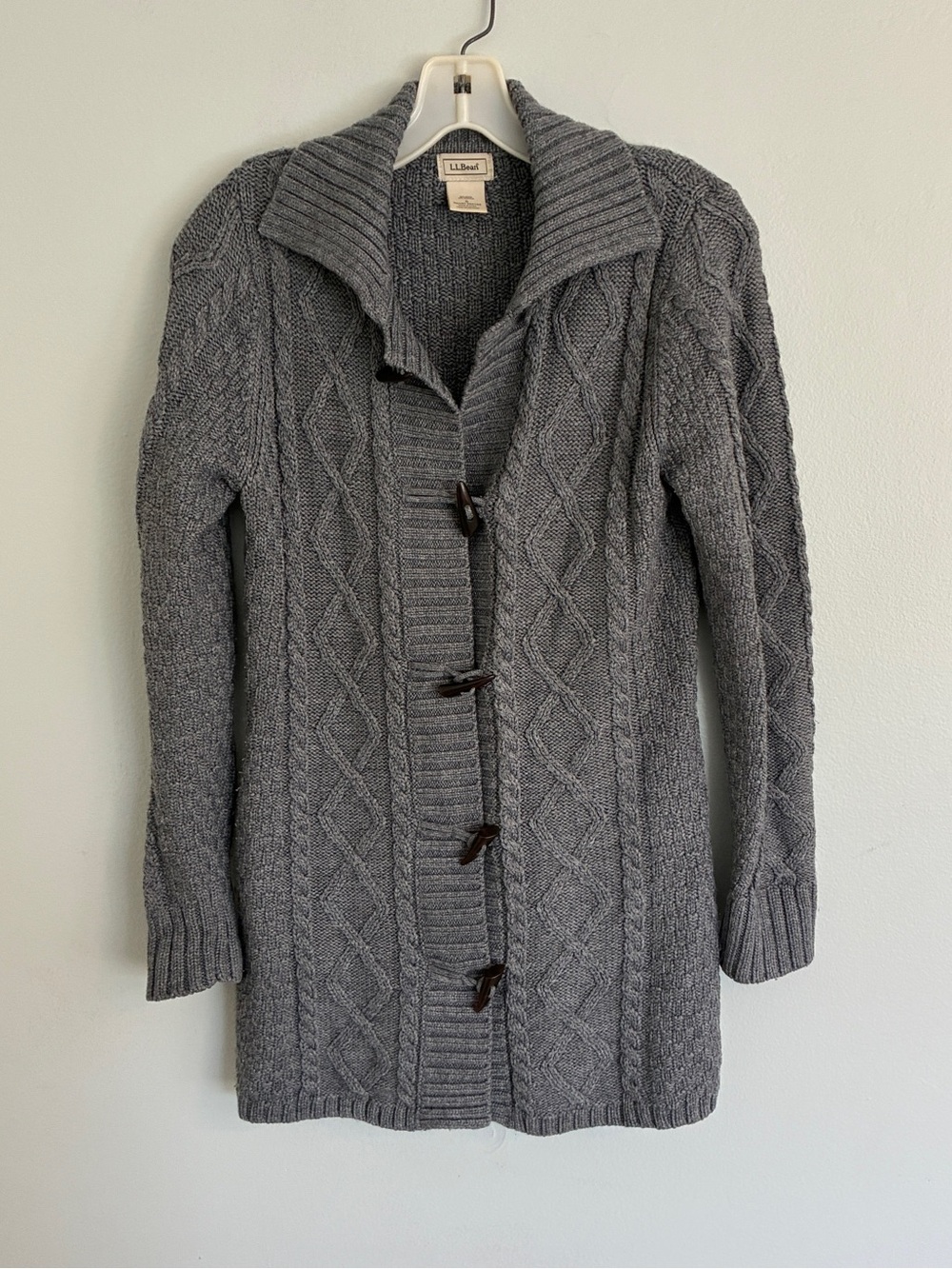 L.L. Bean Gray Cable-Knit Toggle Wool Blend Cardigan Sweater